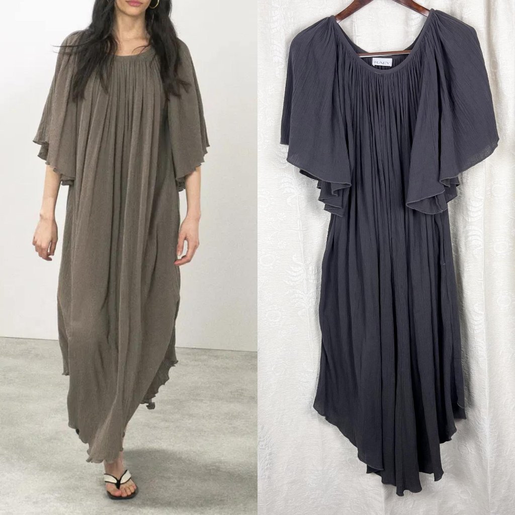 Raey M-2xl Angel Sleeve Cotton Cheesecloth Maxi Dress Gray Gauzy Oversized Boho